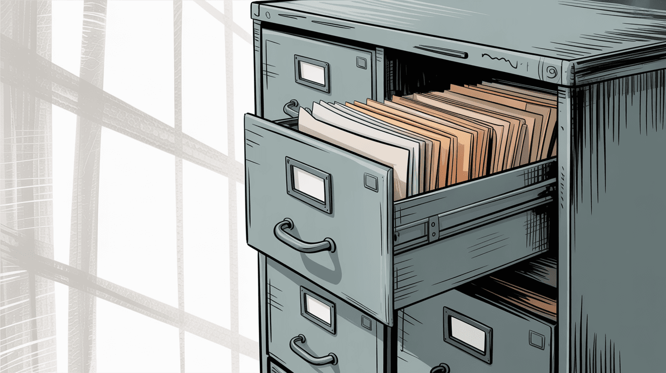 Hand-drawn illustration showing the concept of archiving versus deleting emails with filing cabinet organization
