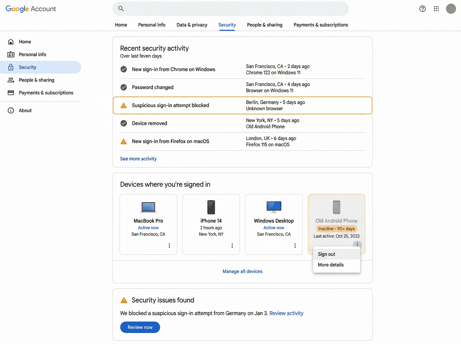 Google Account Security dashboard showing device management interface with recent activity and trusted devices list